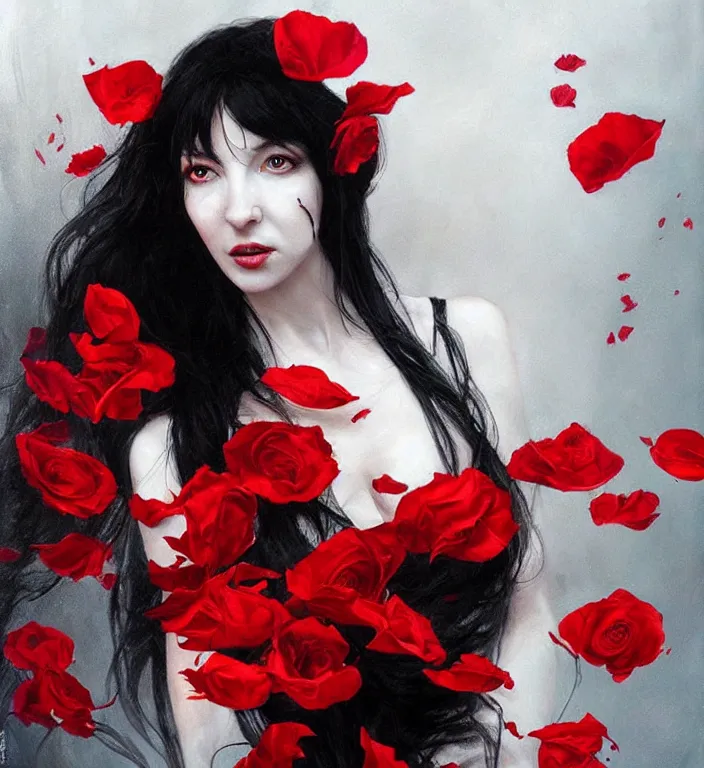 Image similar to portrait of kate bush, lush black hair, pale skin, red rose petals, flowing material, intricate, beautiful cinematic lighting, stuning painting by artgerm and ruan jia