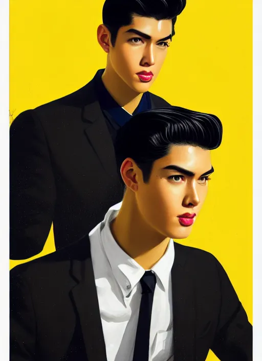 Image similar to portrait of young reggie mantle, mean smirk, egotistical, slicked back hair, striped yellow and black sweater, 1 9 5 0 s, intricate, elegant, glowing lights, highly detailed, digital painting, artstation, concept art, smooth, sharp focus, illustration, art by wlop, mars ravelo and greg rutkowski