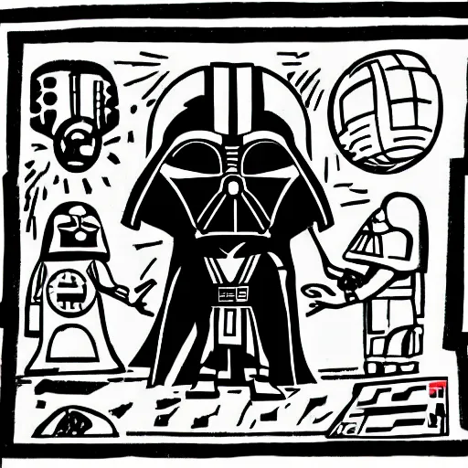 Image similar to ancient aztec art of darth vader inspecting the death star