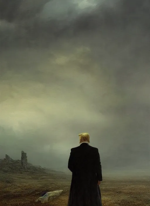 Image similar to portrait of donald trump in anguish a desolate misty landscape, closeup, painted by caspar david friedrich and greg rutkowski