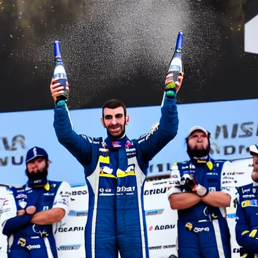 Prompt: nicholas latifi on the top step of podium, spraying champagne, fireworks, professional photograph