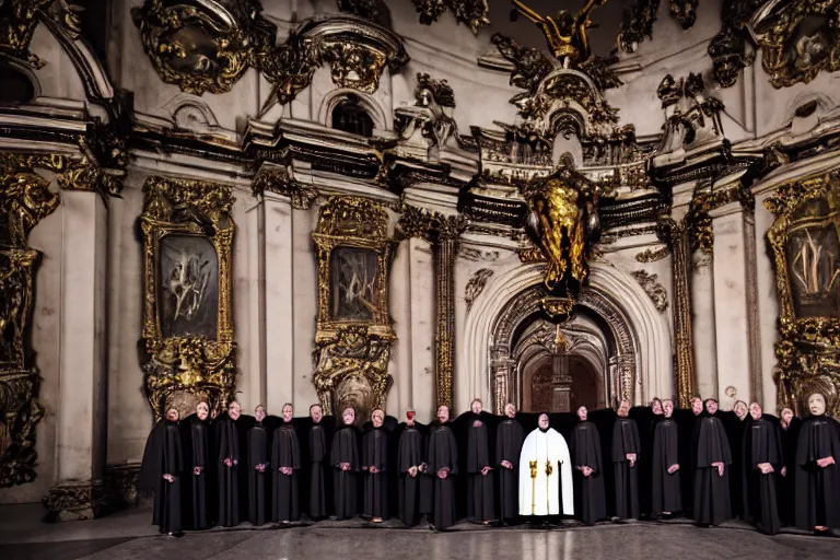 Prompt: photography of circle group of priests in front of a hell portal invoking a lovecraft creature in a baroque intricate church