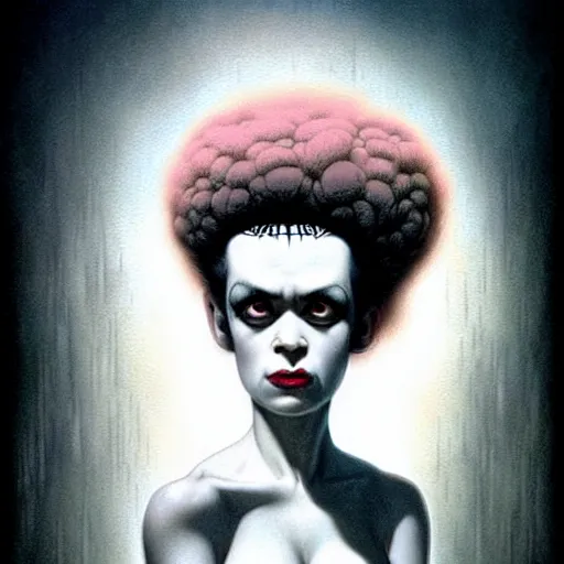 Image similar to bride of frankenstein, dynamic energic pose, in the style of nicoletta ceccoli, mark ryden, lostfish, earl norem, surrealism, dark art by james jean, takato yamamoto