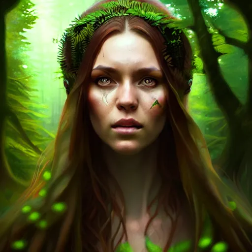 Image similar to a pretty female druid surrounded by forest animals, in the woods, hyper realistic, digital painting, photorealistic, in the style of greg rutkowski, detailed face