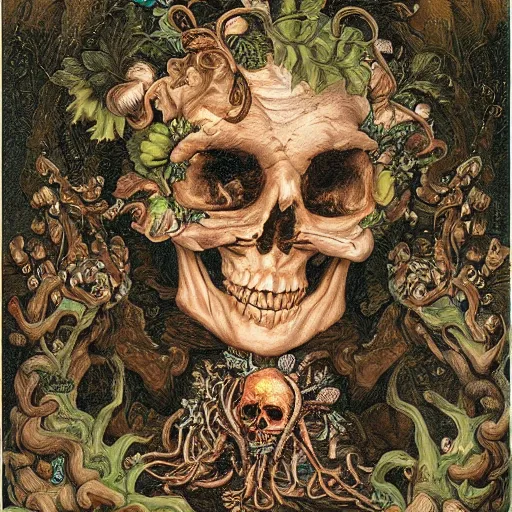 Image similar to a beautiful detailed rococo portrait of a rotten woman corpse becoming almost a skull with face muscles, veins, arteries, fractal plants and fractal flowers and mushrooms growing around, intricate, ornate, volumetric light, beautiful lit, beetlejuice