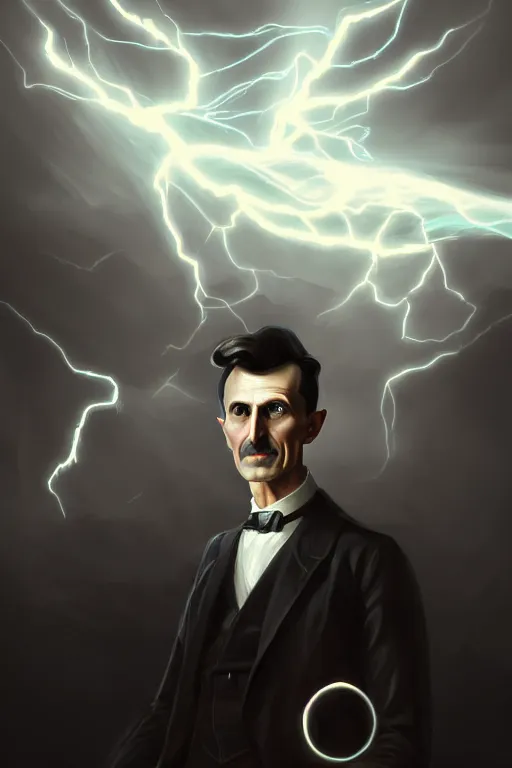 Image similar to nikola tesla, lightning, portrait, sharp focus, digital art, concept art, dynamic lighting, epic composition, trending on artstation, by emylie boivin 2. 0, rossdraws 2. 0