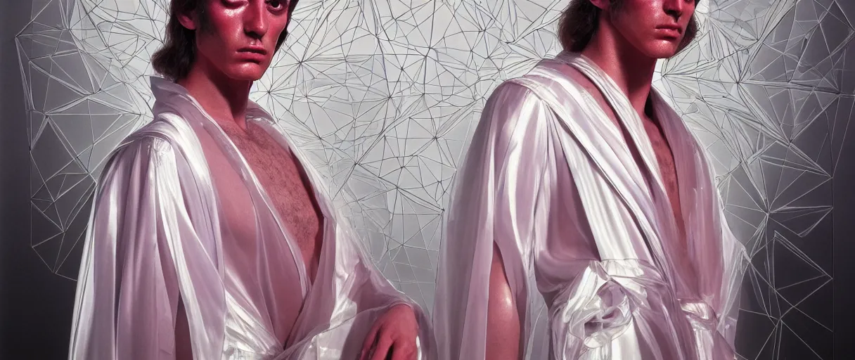 Prompt: hyperrealist highly detailed neo-baroque 1970s portrait of obscure high fashion warrior, intricate geometric translucent transparent see-through silk robes, concept art pascal blanche dramatic uv lighting 8k wide angle shallow depth of field