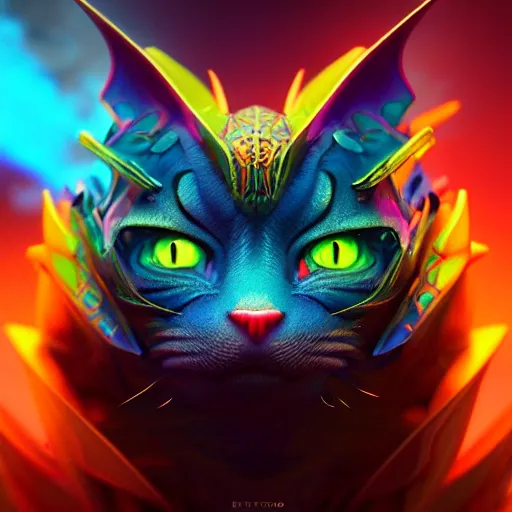 Image similar to beautiful colorful dragon cat. intricate portrait, occult cyberpunk, ancient futuristic, dark art, occult. by Petros Afshar, by artgerm, by Eddie Mendoza, by Peter mohrbacher, octane render, 3d, unreal engine, depth of field, bokeh, motion blur, blur