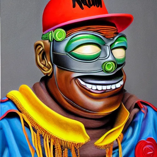 Image similar to beautiful lifelike painting of mf doom rhinestone cowboy, hyperreal detailed facial features and uv lighting, art by ed roth and basil wolverton