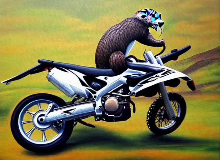 Prompt: Otter riding a DRZ 400s, realism painting, 8k, detailed,