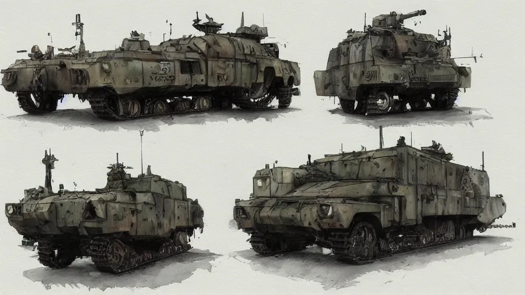 Image similar to overview of dieselpunk armored personnel carrier, watercolored, jakub rozalski, dark colours, dieselpunk, artstation