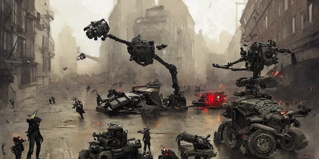 Image similar to spider robots terrorise streets of weimar berlin and attack freikorps soldiers and civilians, detailed painting, intense heavy street battle, bullet hell, pile of bodies, art by greg rutkowski and jakub rozalski