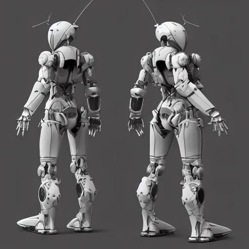 Image similar to multi sided view, 3/4 view of mecha suit of armor, photoreal, schematic, zbrush, 3d, artstation