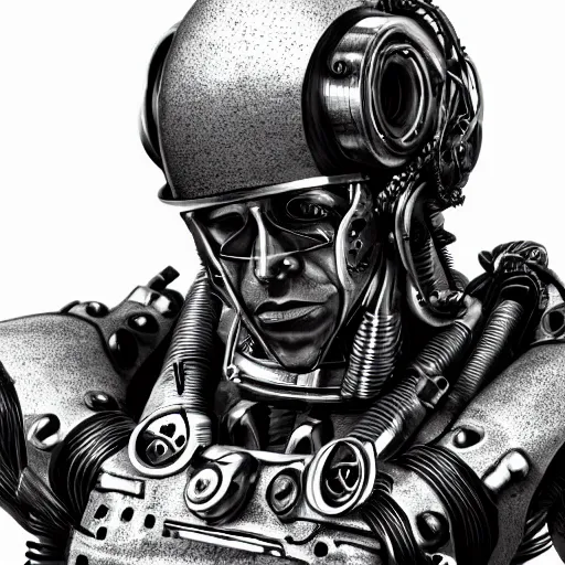 Prompt: technical drawing of a cyborg, black steel and metal, sketched in steampunk style, black ink, white paper, cinematic, hyper realistic, rendered, 8 k, old, fine details