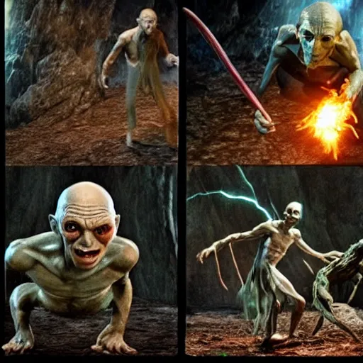 Image similar to Gollum fights volandemort , action , in motion , wizard , magic