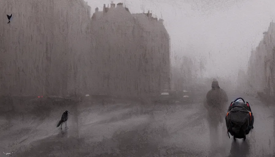 Image similar to guy with bagpack and his dog walking in desolated paris, grey sky, muddy road, dusty cars, crows in the sky, hyperdetailed, artstation, cgsociety, 8 k