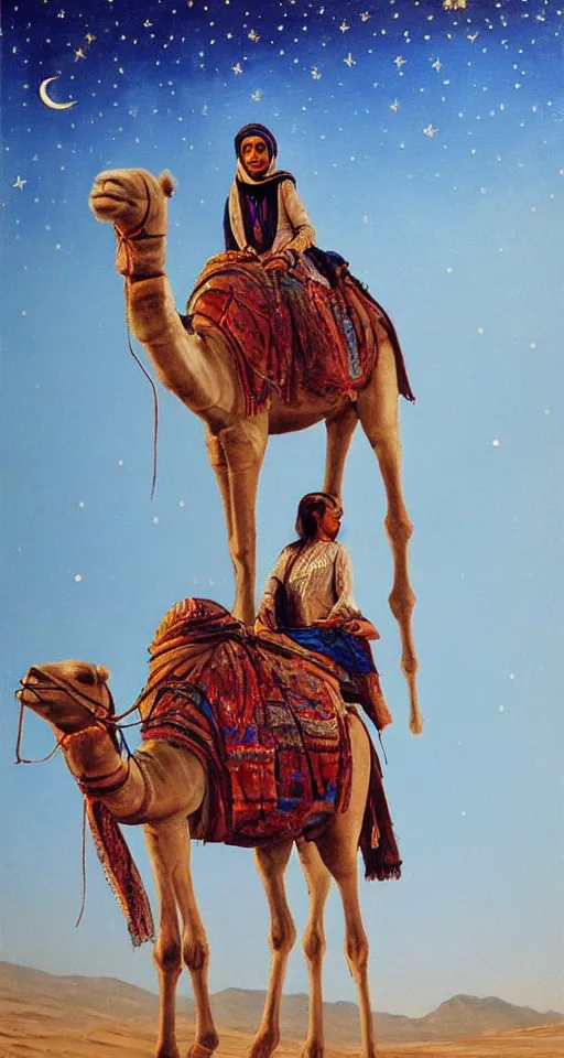 Prompt: an arabian merchant rides her camel in the desert at night, soft glow from a lantern, moon and stars in night sky, stunning, detailed oil paint