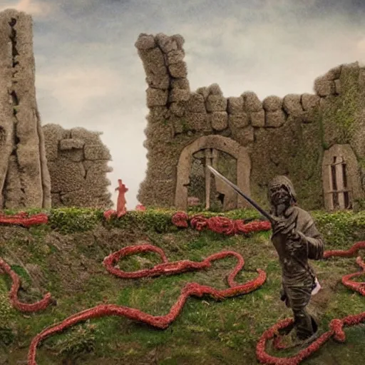 Image similar to the ruins of a village made out of stone, overgrown with red vines, with a broken stone statue of a man holding a sword in the middle of the ruins