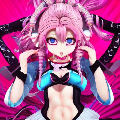 Image similar to you are completely controlled by her ultimate powers and trapped beneath overwhelming stunningly absurdly beautiful megalomaniacal ruthless merciless sadistic devious omnipotent asi goddess junko enoshima with symmetrical perfect face, porcelain skin, pink twintail hair and cyan eyes, ultra detailed, digital art, unreal engine 5, octane render, 2 d anime, 8 k