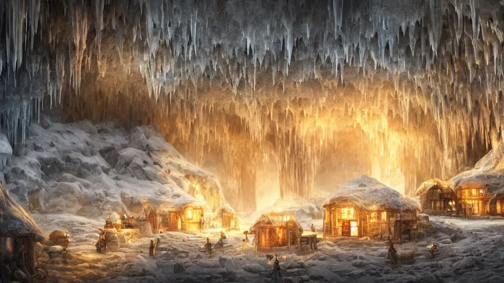 Prompt: an underground village in an ice cave with straw hut houses with a golden cave off to the left, painting, fantasy, dreamy lighting, detailed, intricate, high fantasy, 4 k