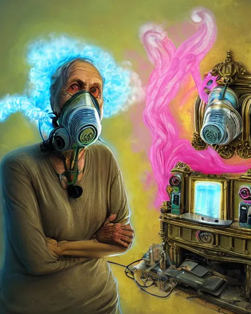 Prompt: Two skinny fleshy old people, wearing gas masks, draped in silky gold, green and pink, connected to heart bypass machines, inside an ornate hospital room, they sit next to a fireplace with swirling blue flames, the world is on fire, lost in despair, transhumanist speculative evolution, in the style of Adrian Ghenie, (((Luke Chueh))), Jenny Saville, daniel richter, Edward Hopper, surrealism, dark art, illustration by Mariko Mori