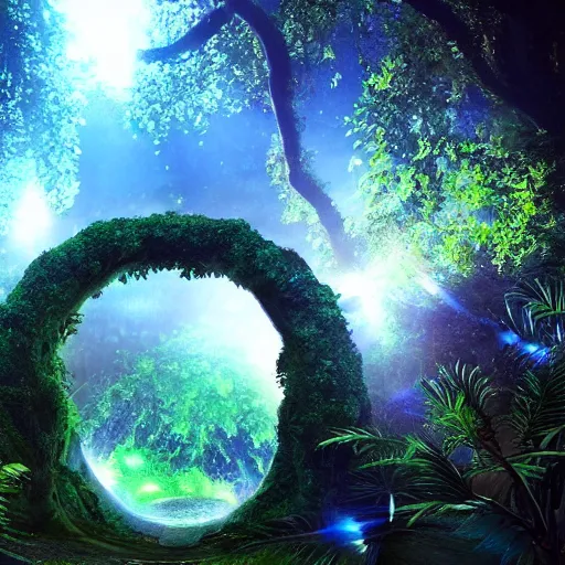 Image similar to active stargate water portal to another dimension inside a beautiful tree in a densely overgrown jungle, fantasy, dreamlike sunrise volumetric lighting, ultra realistic, atmospheric, stopped in time, epic