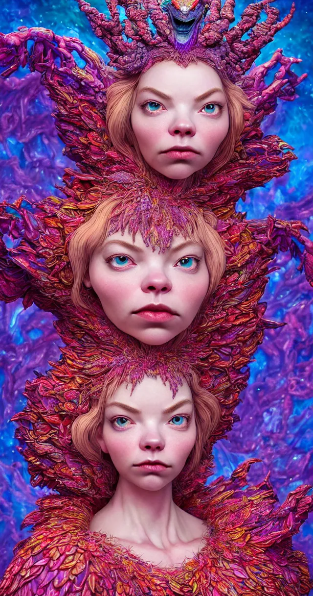 Image similar to hyper detailed 3d render like a Oil painting - kawaii portrait of ein Aurora (a beautiful skeksis muppet fae queen from dark crystal that looks like Anya Taylor-Joy) seen red carpet photoshoot in UVIVF posing in scaly dress to Eat of the Strangling network of yellowcake aerochrome and milky Fruit and His delicate Hands hold of gossamer polyp blossoms bring iridescent fungal flowers whose spores black the foolish stars by Jacek Yerka, Ilya Kuvshinov, Mariusz Lewandowski, Houdini algorithmic generative render, Abstract brush strokes, Masterpiece, Edward Hopper and James Gilleard, Zdzislaw Beksinski, Mark Ryden, Wolfgang Lettl, hints of Yayoi Kasuma and Dr. Seuss, octane render, 8k
