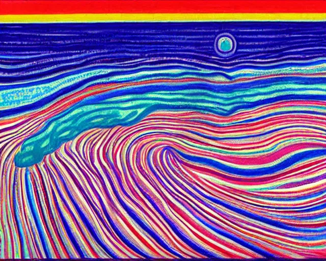 Prompt: Ocean waves in a psychedelic dream world. Edvard Munch. David Hockney. Takashi Murakami. Minimalist.