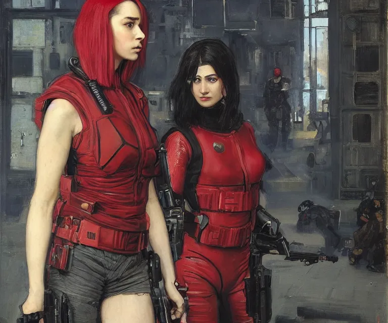 Prompt: Sara evades sgt Griggs. Cyberpunk hacker in red escaping Menacing Cyberpunk police trooper wearing a combat vest. (dystopian, police state, Cyberpunk 2077, bladerunner 2049). Iranian orientalist portrait by john william waterhouse and Edwin Longsden Long and Theodore Ralli and Nasreddine Dinet, oil on canvas. Cinematic, vivid colors, hyper realism, realistic proportions, dramatic lighting, high detail 4k