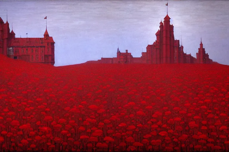 Image similar to only with red, red flowers of different types, red castle in background, red medieval big fat goblins, in the style of beksinski, parts by edward hopper, parts by rodcenko, parts by yue minjun, intricate and epic composition, red by caravaggio, insanely quality, highly detailed, masterpiece, red light, artstation, 4 k