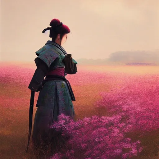 Prompt: female samurai standing in a field in the style of Ruan Jia, pink flower rain, golden hour