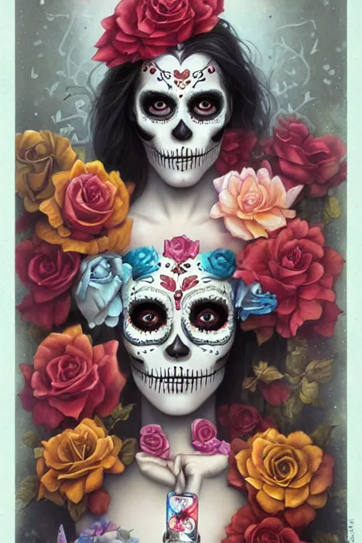 Image similar to illustration of a sugar skull day of the dead girl, art by tom bagshaw