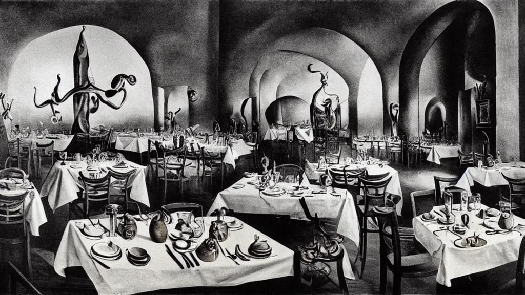 Prompt: the restaurant, pov 1 inch from the floor, photographed by Salvador Dalí