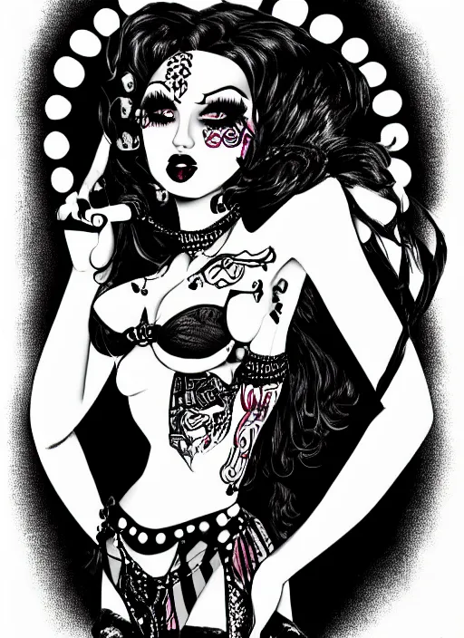 Prompt: goth girl burlesque psychobilly punk with a black background, drawing, illustration