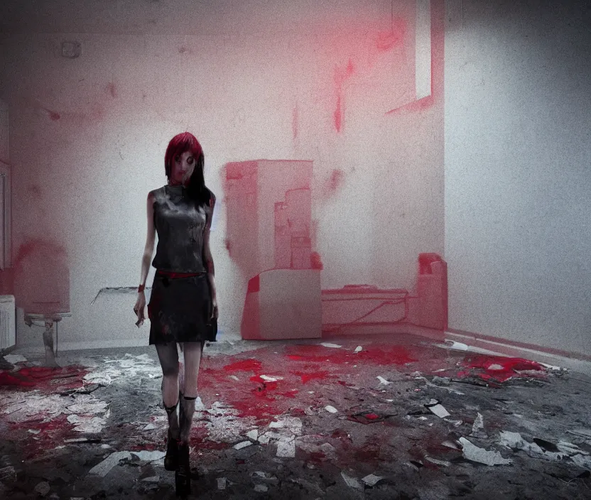 Prompt: rock star girl standing on an abandoned hospital room with red ceiling lighting and several blue lights on the walls, gloomy and foggy atmosphere, octane render, artstation trending, horror scene, highly detailded