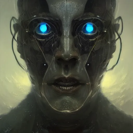 Prompt: surreal portrait by Greg Rutkowski, symmetrical face, cybernetic transhuman god, disturbing, terrifying but fascinating, with a determined and sinister expression on his face, cosmic void background, frightening, fascinating, highly detailed portrait, digital painting, book cover, artstation, concept art, smooth, sharp foccus ilustration, Artstation HQ