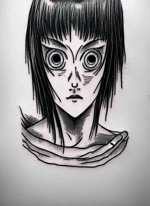 Image similar to tattoo design of an anxious womans eyes drawn by junji ito, simplistic junji ito lineart black and white