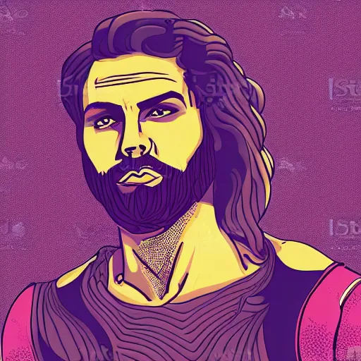 Prompt: a portrait of tattooed the beautiful greek god, in retro colors, synthwave style, 2 d digital vector art