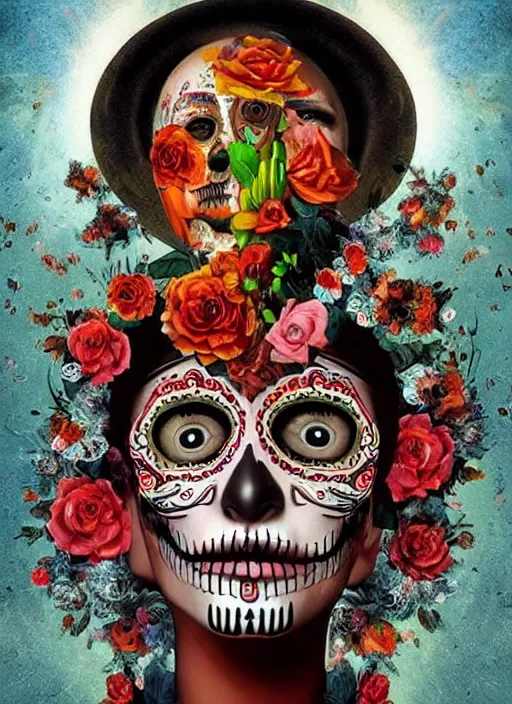 Image similar to dia de los muertos theme surrealist art in the styles of igor morski, jim warren, and osborne macharia, intricate, hyperrealistic, accurate facial details, profile picture with chromakey!!!!! background, volumetric lighting