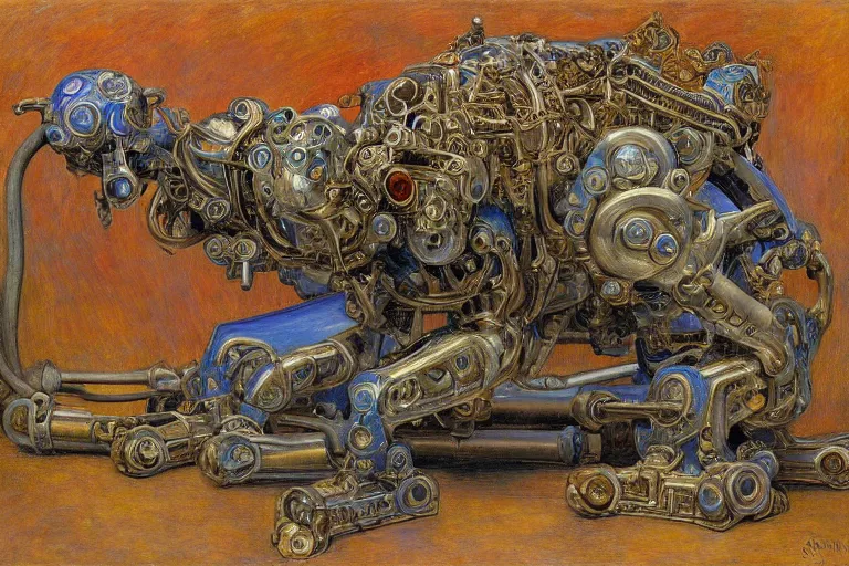 Image similar to ornate mechanical robot cat, by annie swynnerton and diego rivera and elihu vedder, symbolist, dramatic lighting, elaborate geometric ornament, art brut, soft cool colors, smooth, sharp focus, extremely detailed, adolf wolfli and ( donato giancola )