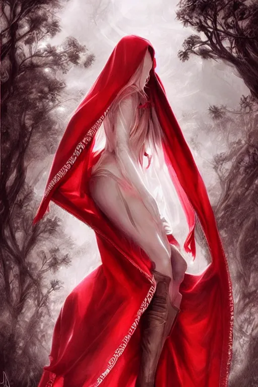 Image similar to Ethereal red riding hood, intricate detail, ornate, conceptual art, soft light, dynamic, art by artgerm