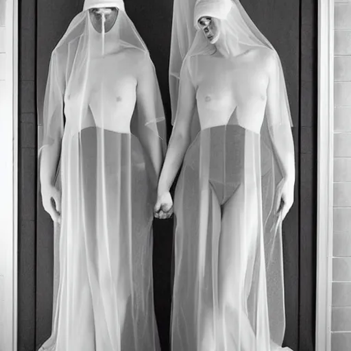 Prompt: award winning photo Hovering twins, buxom nuns, wearing translucent veils, see through dress, Very long arms, bedroom, wood door, eerie, frightening, highly detailed, photorealistic —width 1024 —height 1024
