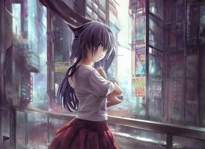 Prompt: anime girl in skirt looking out the window at megopolois and sunset, dynamic composition, motion, ultra-detailed, incredibly detailed, a lot of details, amazing fine details and brush strokes, colorful and grayish palette, smooth, HD semirealistic anime CG concept art digital painting, watercolor oil painting of Clean and detailed post-cyberpunk sci-fi close-up schoolgirl in asian city in style of cytus and deemo, blue flame, relaxing, calm and mysterious vibes,, by a Chinese artist at ArtStation, by Huang Guangjian, Fenghua Zhong, Ruan Jia, Xin Jin and Wei Chang. Realistic artwork of a Chinese videogame, gradients, gentle an harmonic grayish colors. set in half-life 2, Matrix, GITS, Blade Runner, Neotokyo Source, Syndicate(2012), dynamic composition, beautiful with eerie vibes, very inspirational, very stylish, with gradients, surrealistic, dystopia, postapocalyptic vibes, depth of field, mist, rich cinematic atmosphere, perfect digital art, mystical journey in strange world