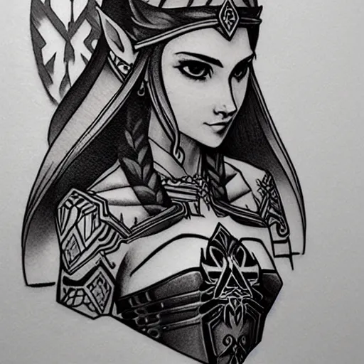 Image similar to tattoo design, stencil, portrait of princess zelda by artgerm, symmetrical face, beautiful, triforce