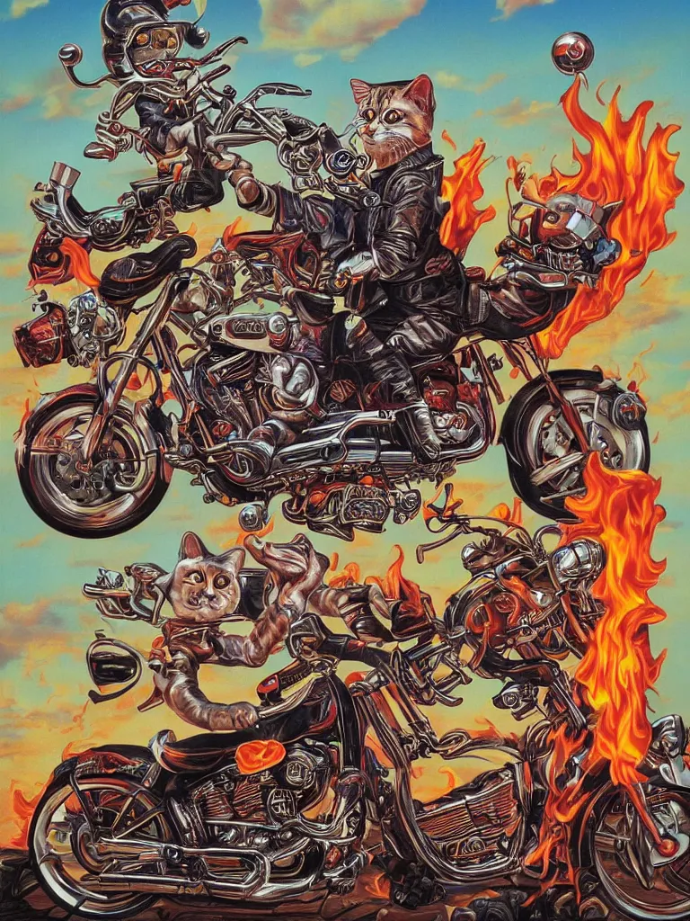 Image similar to a cat riding Harley Davidson on fire Mark Ryden and Alex Gross, Todd Schorr highly detailed