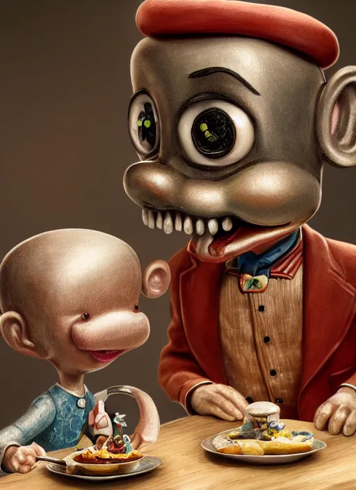 Image similar to highly detailed closeup, face profile portrait of a tin toy albert fish eating cakes, unreal engine, nicoletta ceccoli, mark ryden, earl norem, lostfish, global illumination, detailed and intricate environment