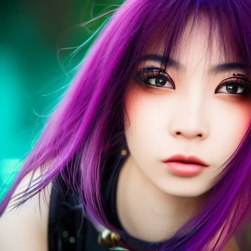 Image similar to Close up portrait of a young Asian Cyberpunk woman with dark purple hair, highly detailed, high quality, HD, 4K, 8K, Canon 300mm, professional photographer, 40mp, lifelike, top-rated, award winning, realistic, sharp, no blur, edited, corrected, trending