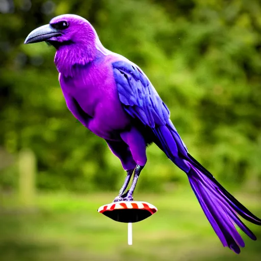 Prompt: purple crow holding a lollipop