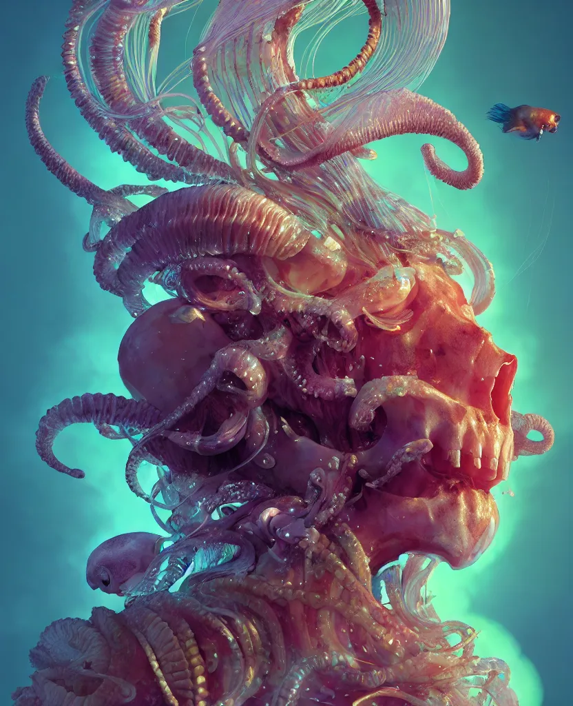 Image similar to goddess close-up portrait ram skull. jellyfish phoenix head, nautilus, orchid, skull, betta fish, bioluminiscent creatures, intricate artwork by Tooth Wu and wlop and beeple. octane render, trending on artstation, greg rutkowski very coherent symmetrical artwork. cinematic, hyper realism, high detail, octane render, 8k