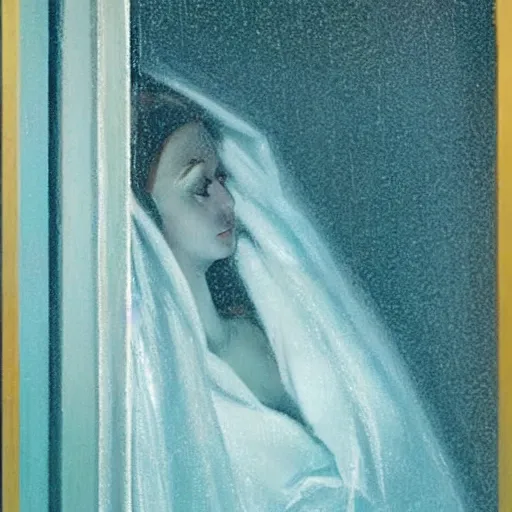 Prompt: silhouette of a woman gazing out her hotel window at the rain, extremely detailed masterpiece, oil on canvas, low-key neon lighting, in the world of Edward Hopped, artstation, by J. C. Leyendecker and Peter Paul Rubens,